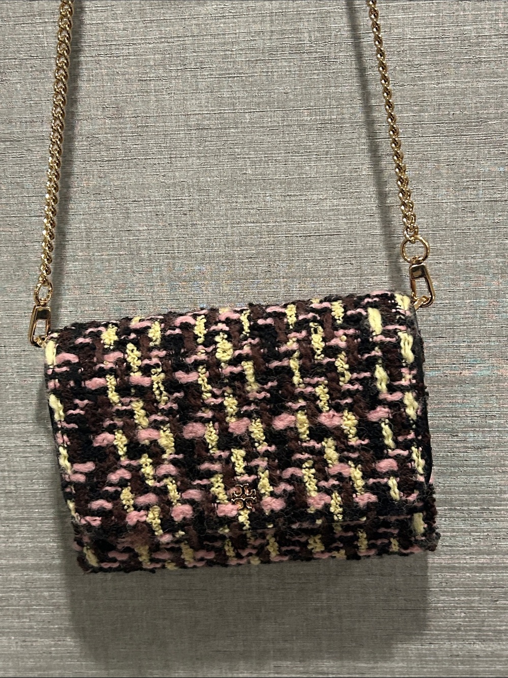 Tory Burch Pink, Black & Yellow Tweed Chain Shoulder Bag